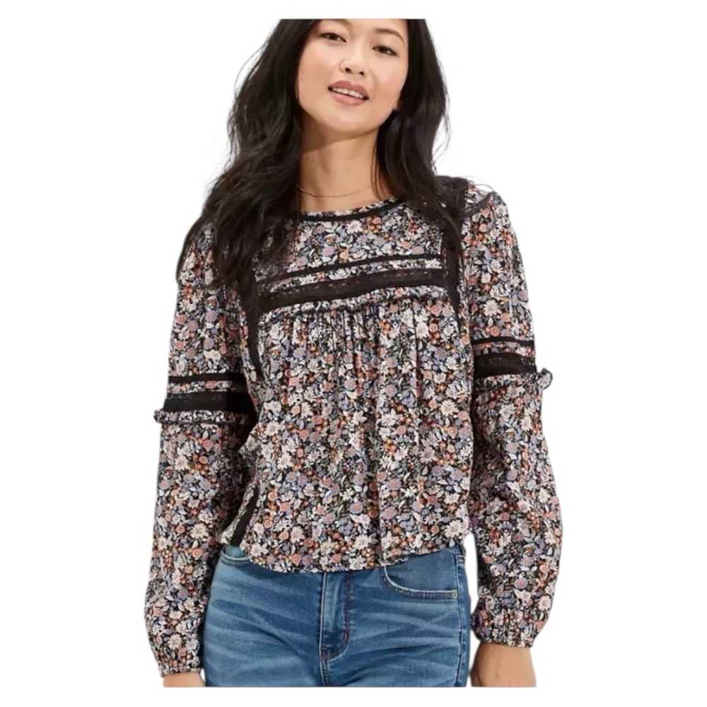 American Eagle Floral Print Lace Peasant Babydoll Open Back, sz med